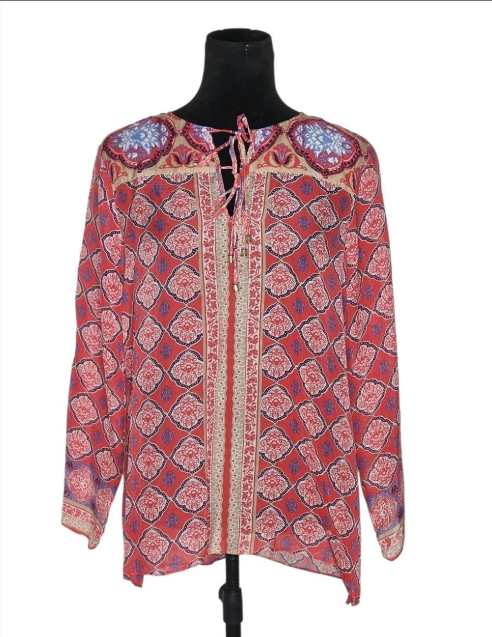 Hale Bob Sheer Chiffon Blouse L Tie Neck Keyhole Boho Resort Tunic Top